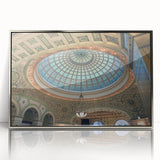 Mid-century modernist art featuring architectural domes in muted silver tones on a framed acrylic.