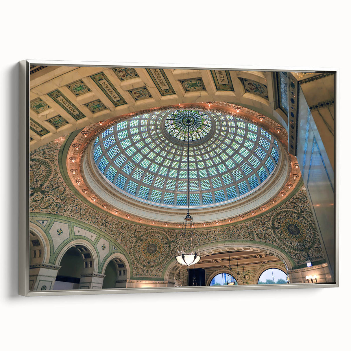 Framed canvas featuring a vintage poster art of colorful landscape with black architectural domes.