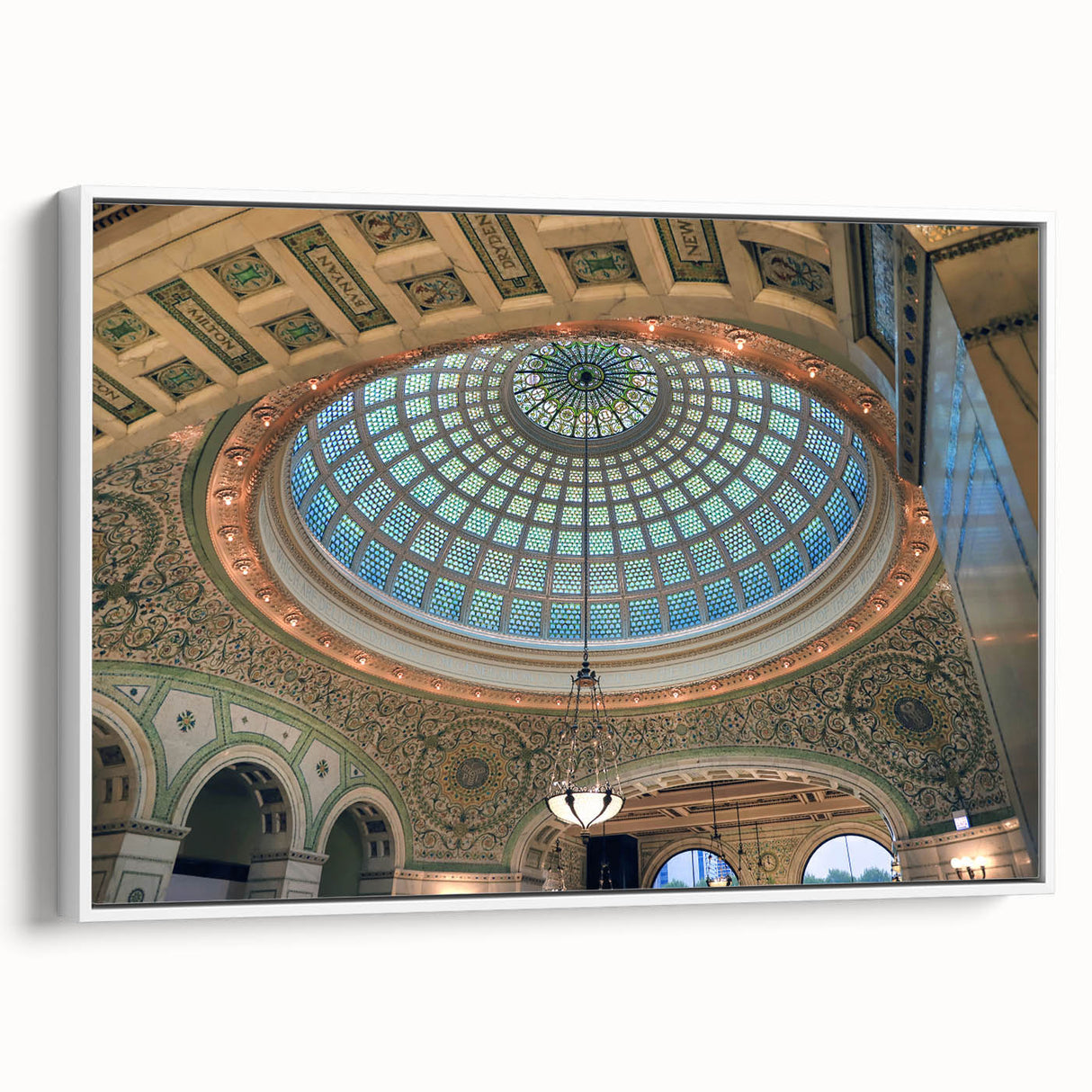 Vintage poster art of colorful architectural domes on extra large framed canvas, ideal for living room decor.