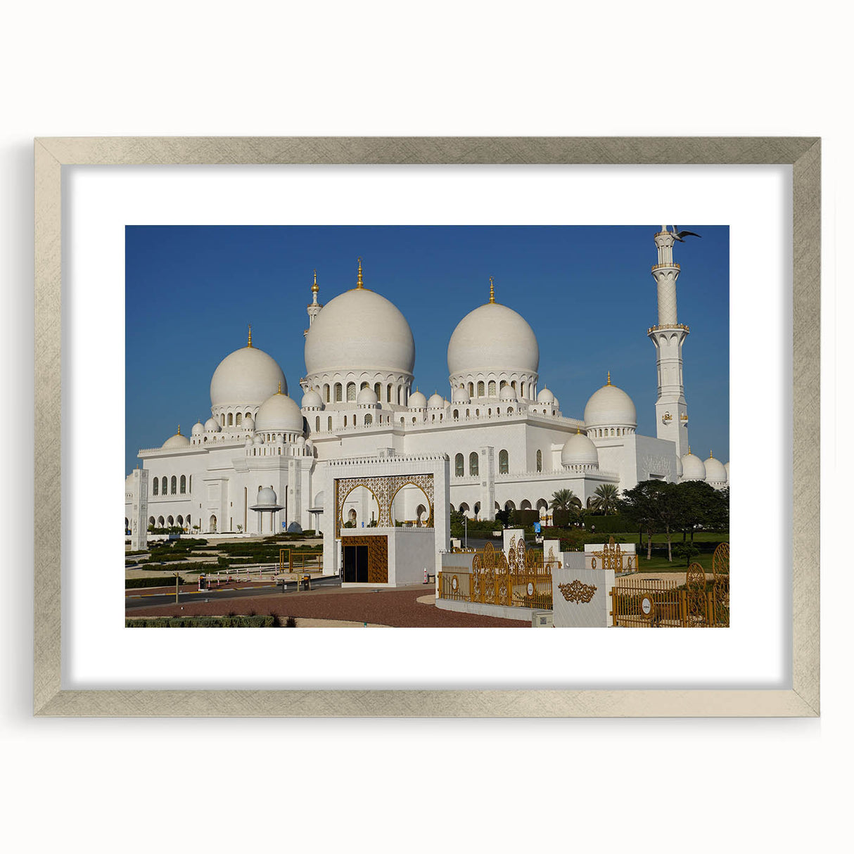 Textured abstract art print featuring architectural domes in muted gray, ideal for bedroom art, in a silver frame with mat.