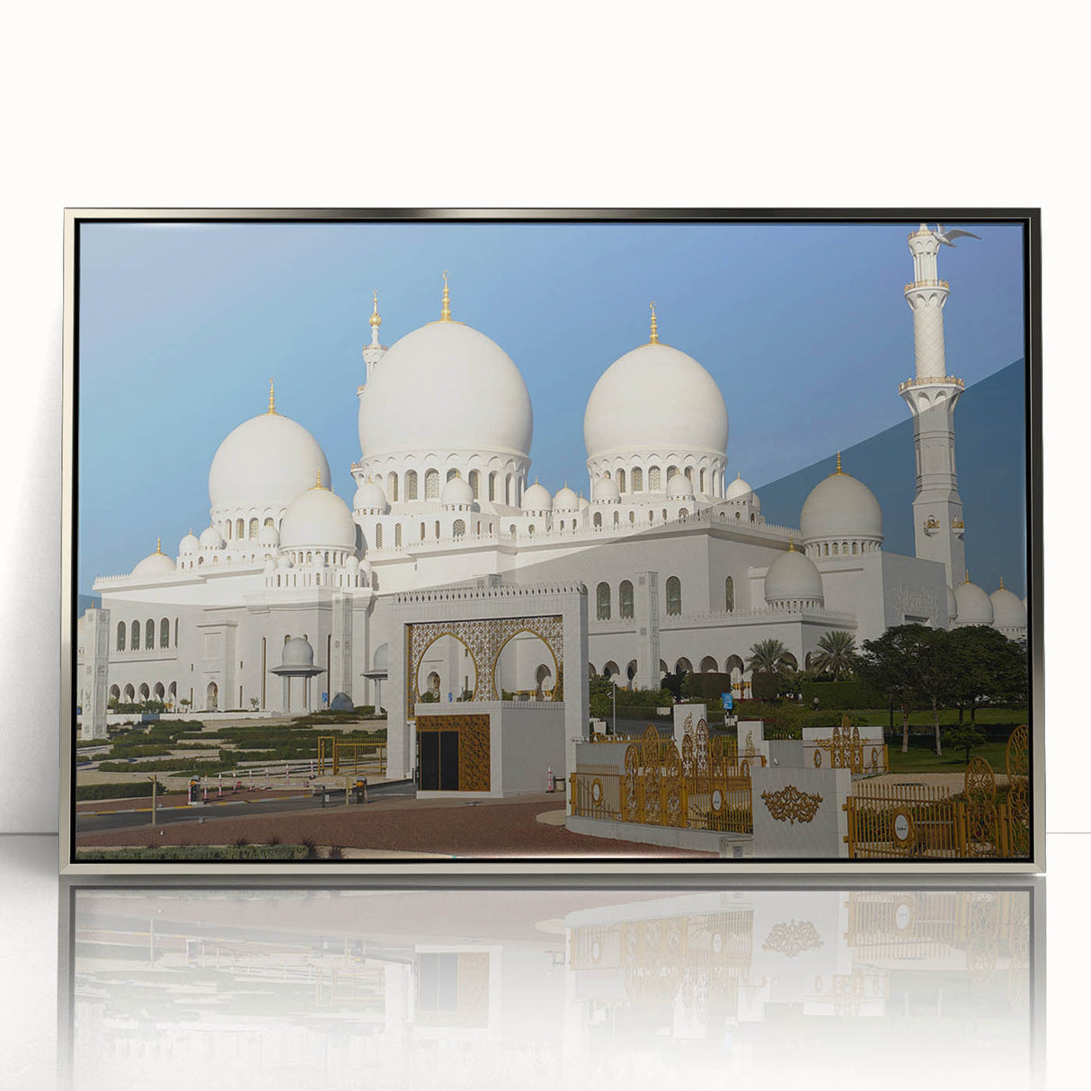 Mid-century modernist art featuring silver architectural domes on framed acrylic, suitable for nursery wall decor.
