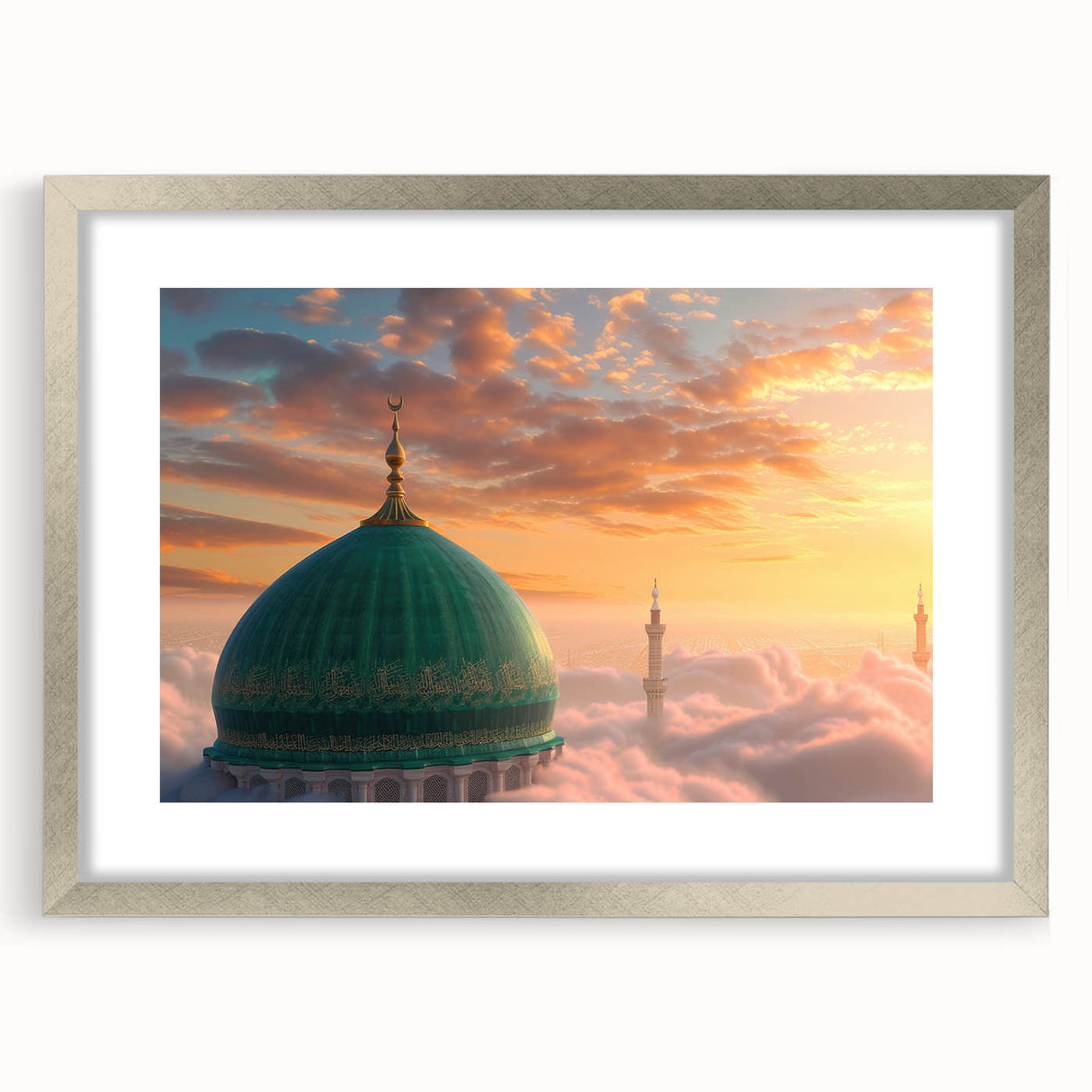 Textured art depicting abstract architectural domes in neutral tones on a framed silver mat, suitable for bedroom decor.