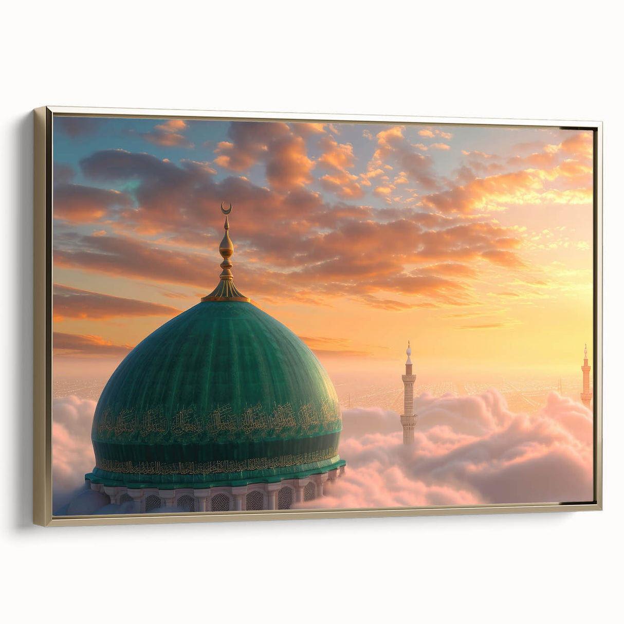 Framed canvas depicting a vintage landscape painting with colorful architectural domes against a black background.