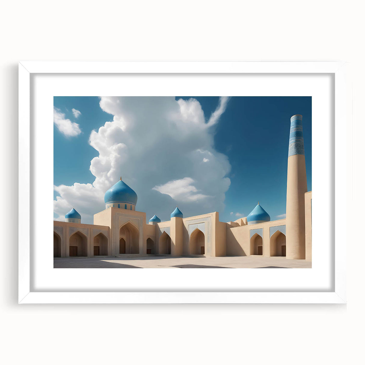 Abstract art print featuring architectural domes in muted gray and blue, framed in white, ideal for dining room decor.