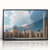 Large abstract wall art featuring overlapping geometric shapes in muted earth tones, framed in black acrylic.