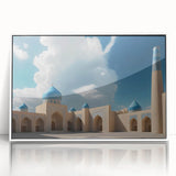 Art deco poster featuring symmetrical dome architecture in black and white, framed in white acrylic.