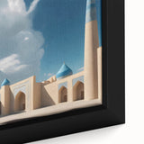 Extra large framed canvas featuring a close-up of black architectural domes with colorful, textured art details.