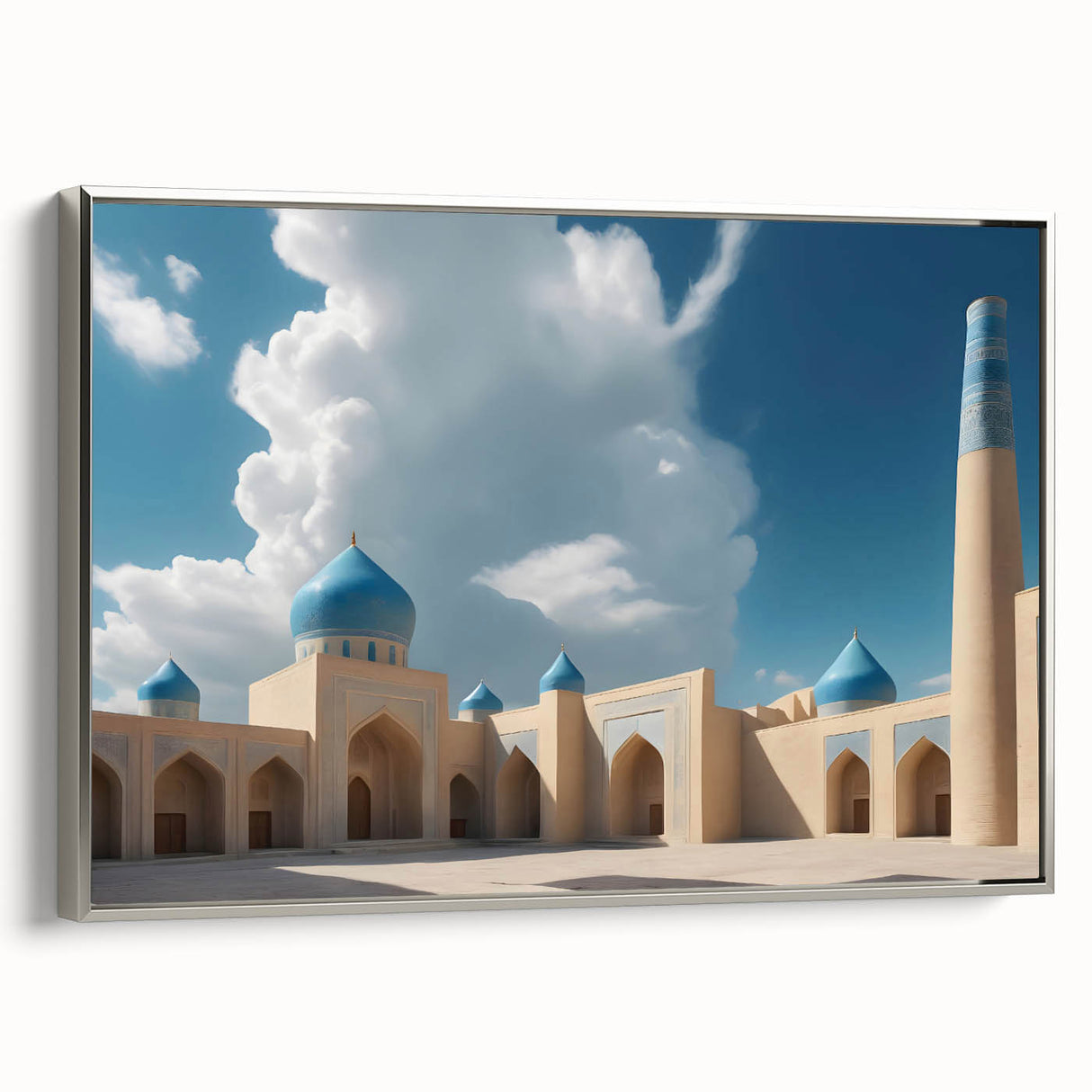 Framed canvas featuring a landscape of colorful domed architectures in a vintage poster art style.