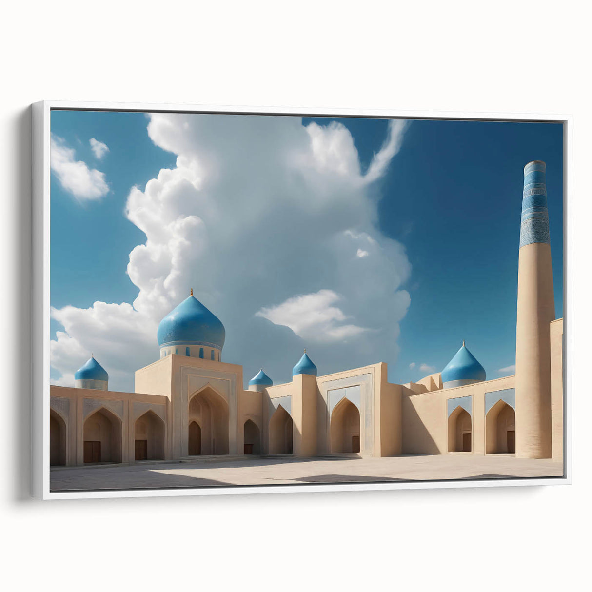 Vintage poster art featuring colorful architecture domes on extra large black framed canvas, ideal for living room decor.