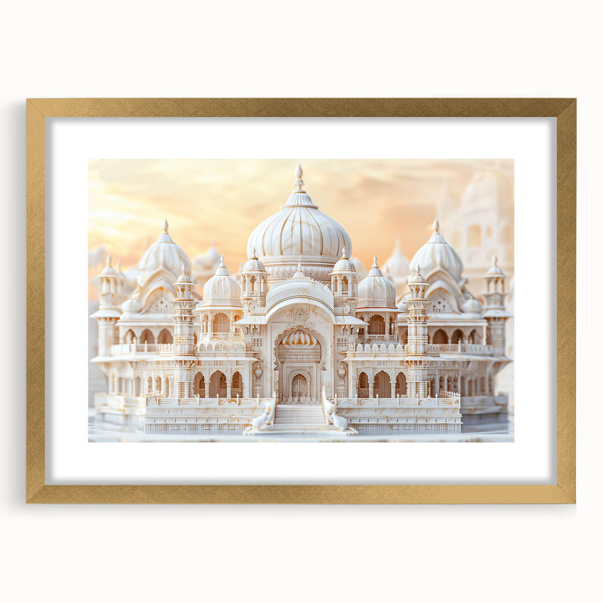 Abstract art print of architectural domes in textured gold and beige tones on a large framed canvas.