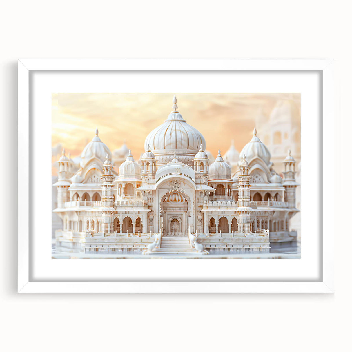 Abstract art print featuring geometric domes in muted gray, ideal for modern dining room decor, white-framed with mat.