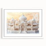 Abstract art print featuring geometric domes in muted gray, ideal for modern dining room decor, white-framed with mat.