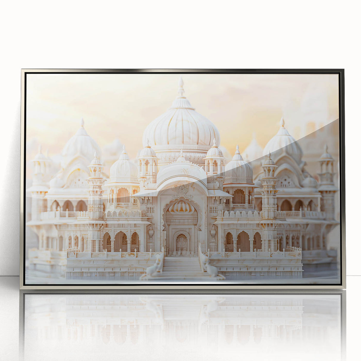 Mid-century modernist art featuring silver architectural domes on a framed acrylic print, suitable for nursery wall art.