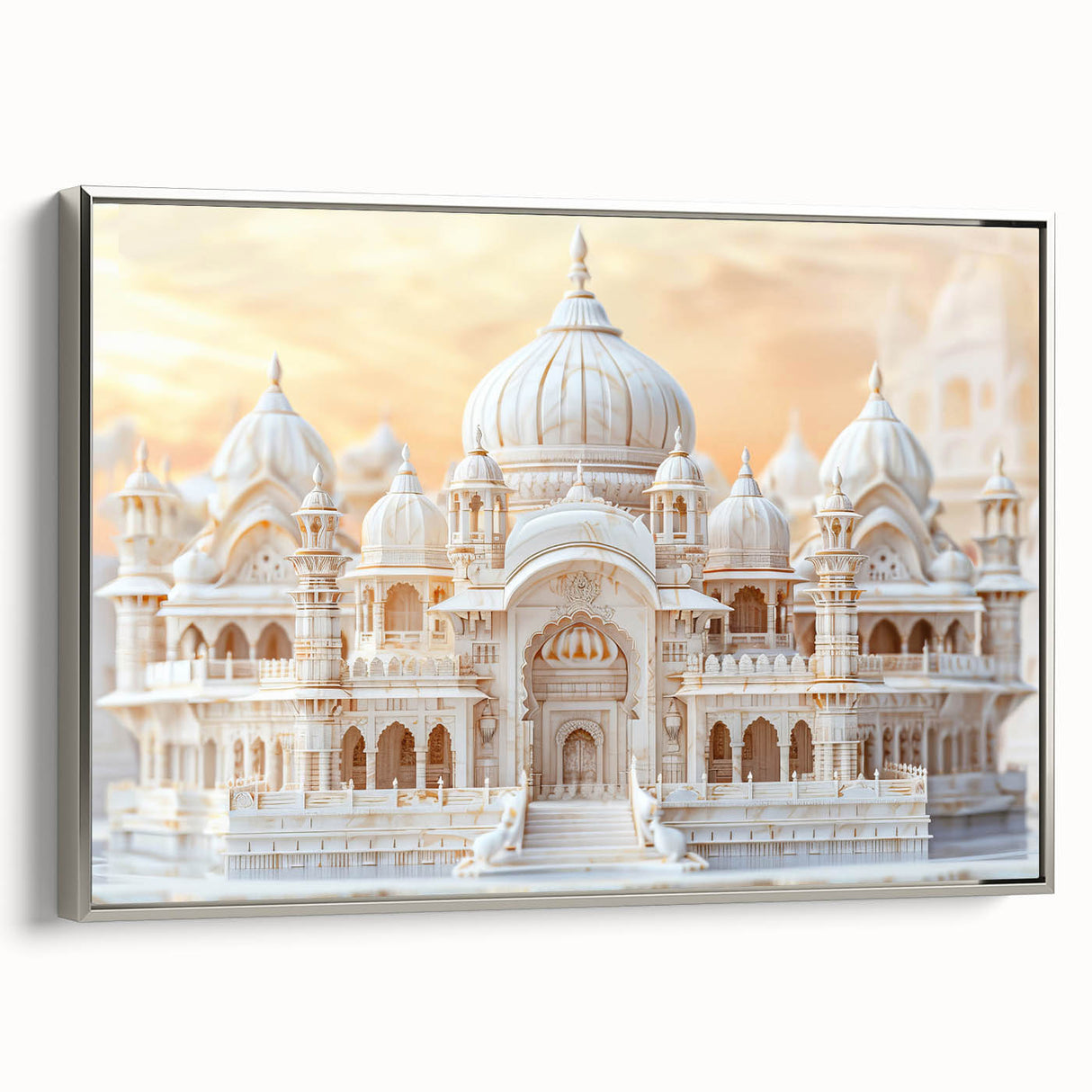 Framed canvas featuring a vintage poster of colorful landscape art paintings with black architectural domes.