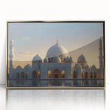 Mid-century modernist acrylic print of architectural domes in gold and white, ideal for nursery wall art.