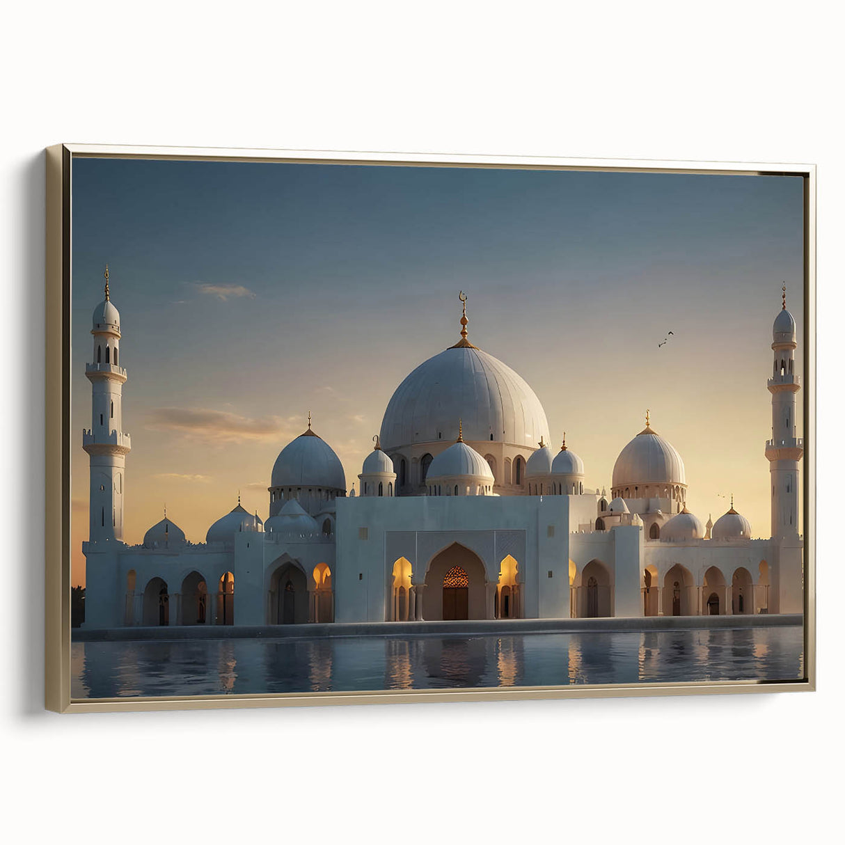 Framed canvas featuring vintage poster art of architectural domes in black and gold, ideal for bedroom wall decor.