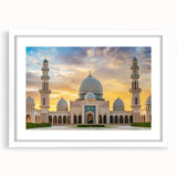 Abstract art print featuring overlapping architecture domes in muted gray and blue tones, framed with a white mat.