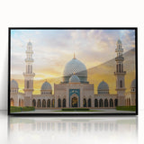 Large abstract wall art featuring black and white architectural domes in a mid-century modernist style, framed in acrylic.