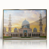 Mid-century modernist large art print of architectural domes in gold and beige tones, framed in acrylic.