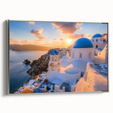 Framed canvas featuring vintage poster art of colorful landscape with black architectural domes, ideal for living room decor.