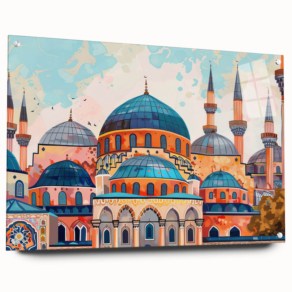 Acrylic print of large abstract wall art featuring architectural domes in muted earth tones.
