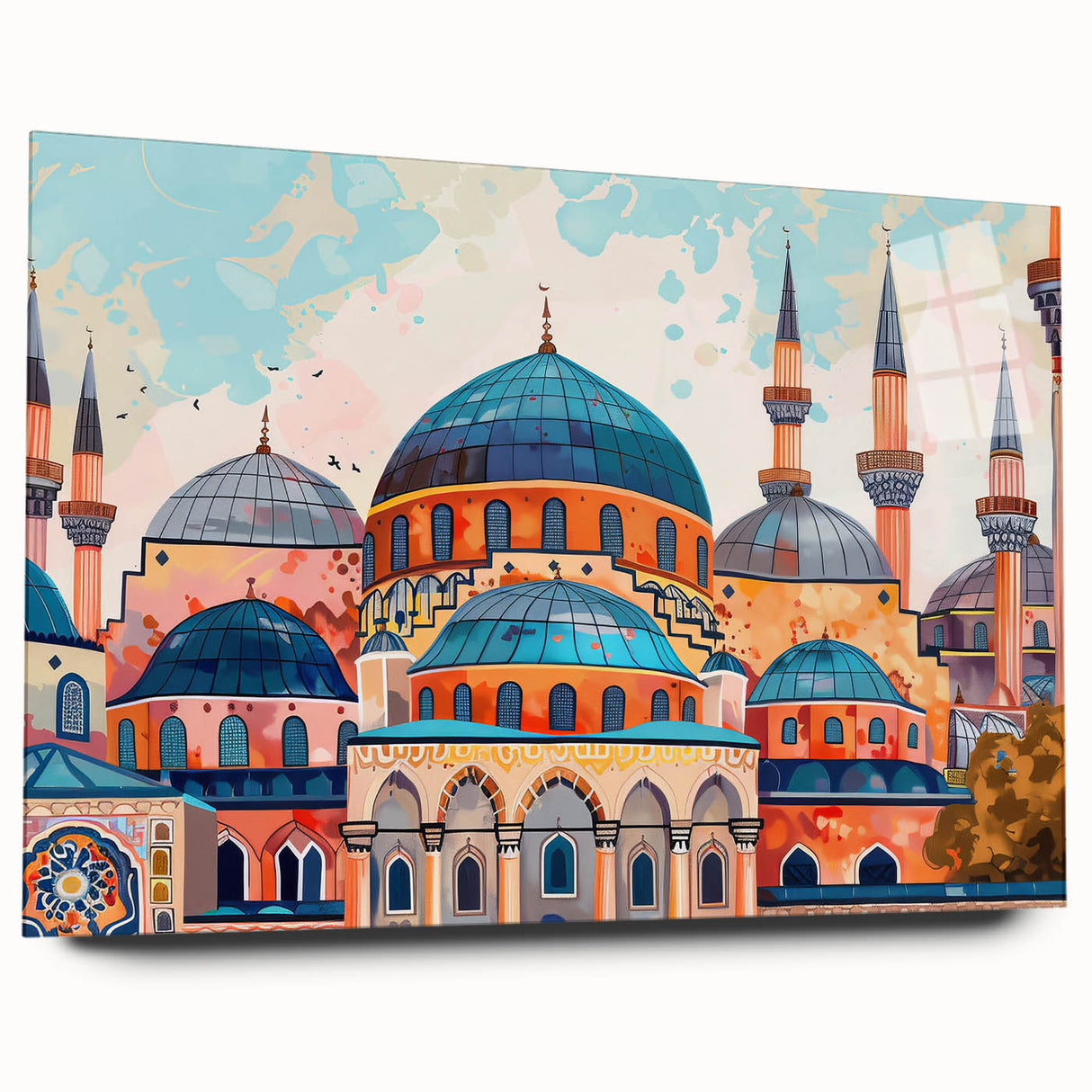 Acrylic print of large abstract wall art featuring architectural domes in muted grays.