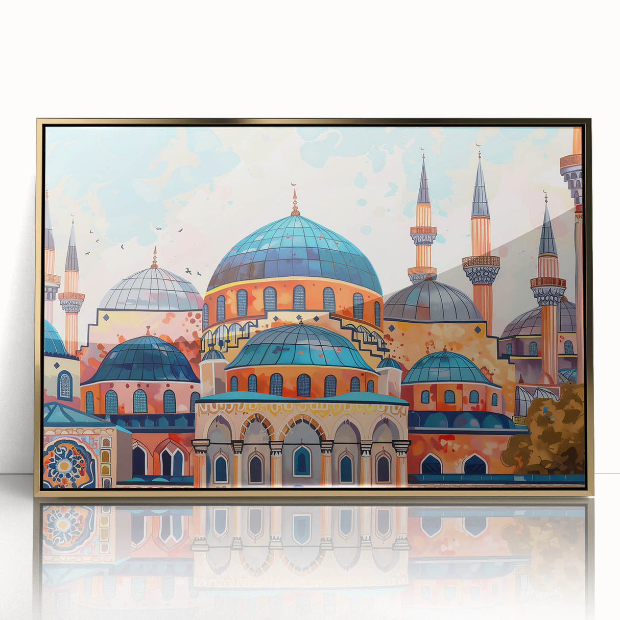 A large art print featuring mid-century modernist architecture with gold and white domes on a framed acrylic.