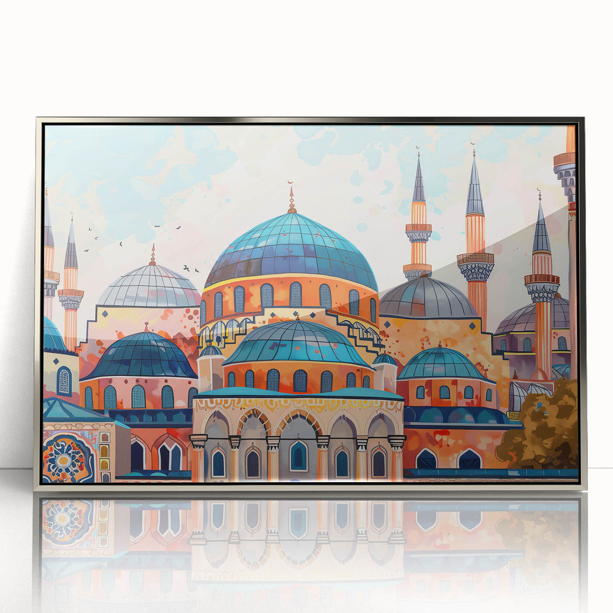 Mid-century modernist art featuring architectural domes in silver and gray tones on framed acrylic.
