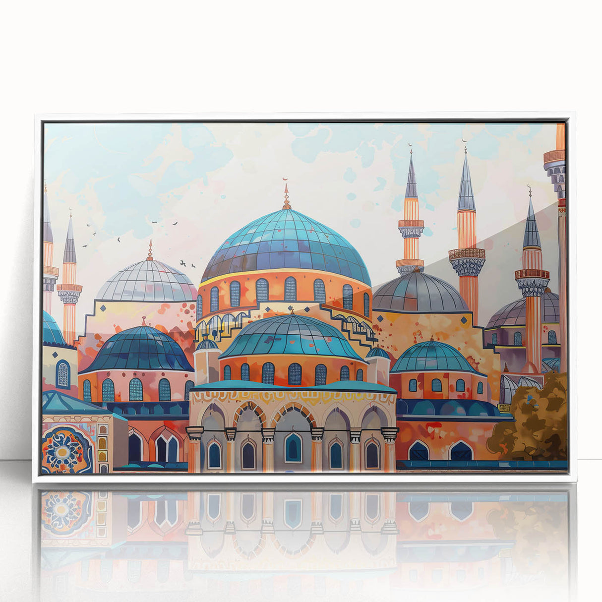 Art deco poster featuring symmetrical dome structures in muted gray and white, framed acrylic, ideal for nursery wall art.