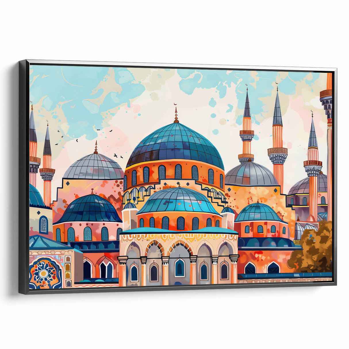 Black and white vintage poster art of architectural domes on framed canvas, suitable for bedroom wall decor.
