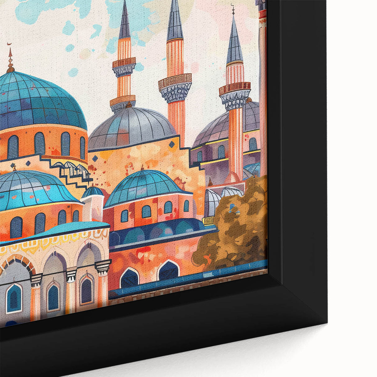 Close-up of a black wall art featuring colorful, textured domes on a large framed canvas, suitable for living room decor.