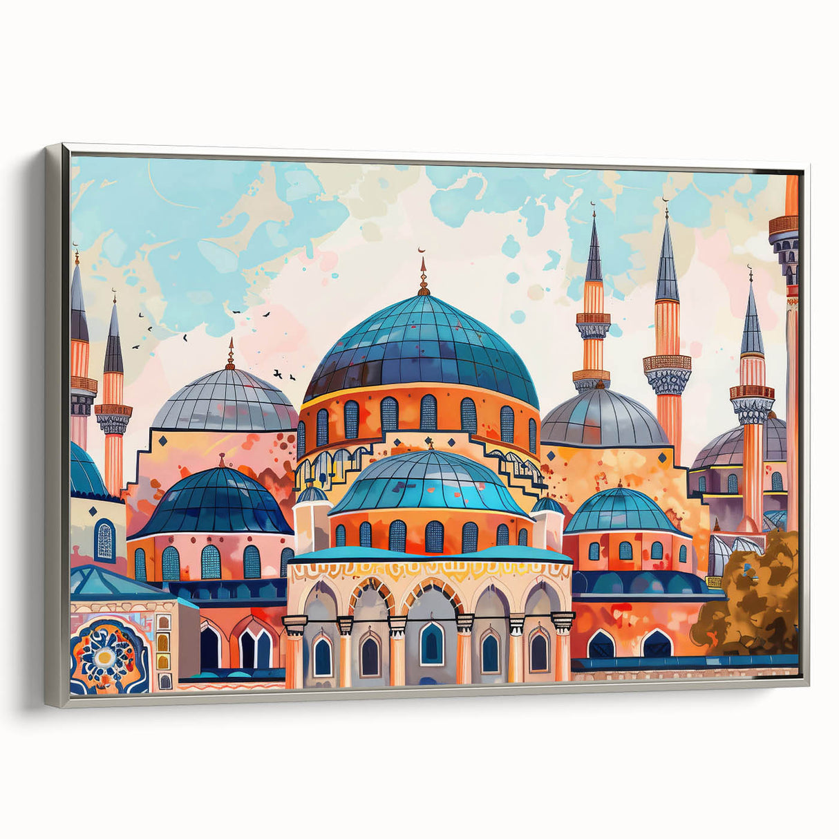 Framed canvas featuring a landscape art painting of colorful architecture domes in a vintage poster style.