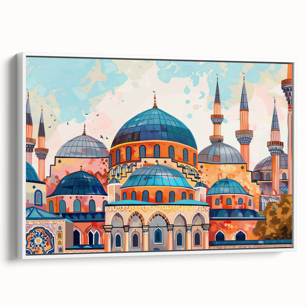 Framed canvas of vintage poster art featuring colorful architectural domes, ideal for living room decor.
