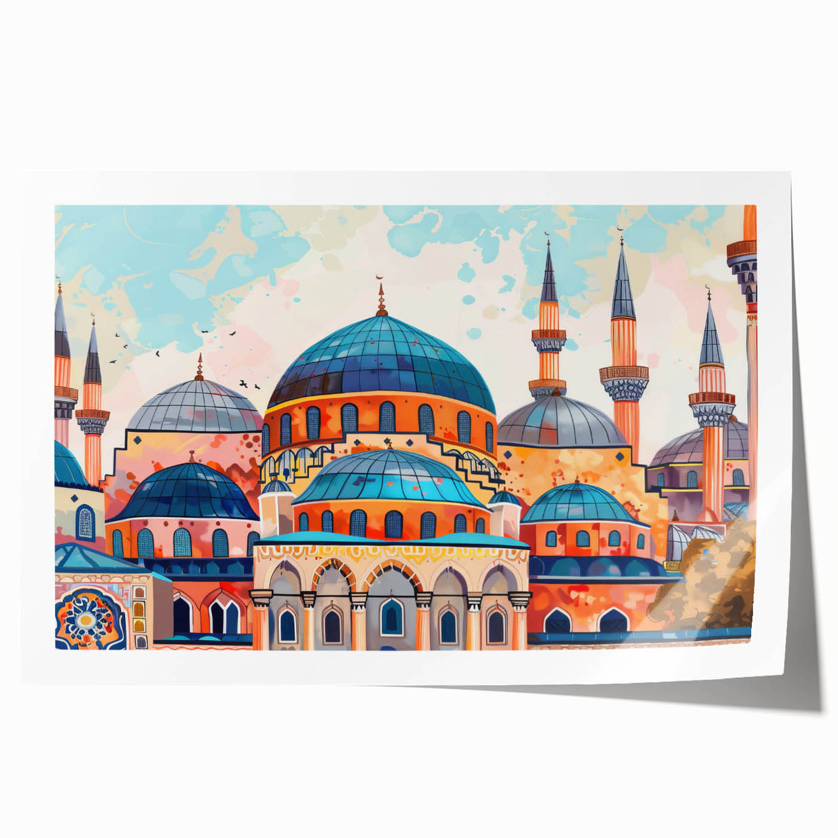 Extra large rolled print of floral art featuring architecture domes in muted earth tones, ideal for dining room wall decor.