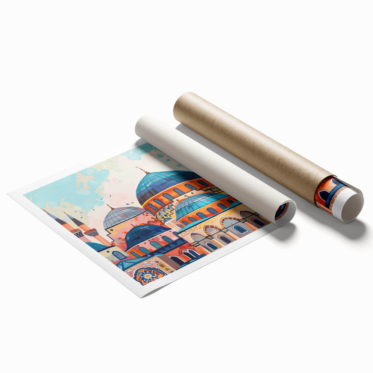 Extra large rolled print featuring floral art with domed architecture designs in soft pastel shades.