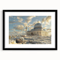 Abstract art print featuring colorful, textured domes, presented in a large black frame with mat.