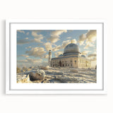 Abstract art print featuring geometric domes in muted gray and white tones on a framed canvas.