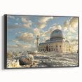 Framed canvas featuring a black and white vintage poster art of architectural domes, ideal for bedroom wall decor.