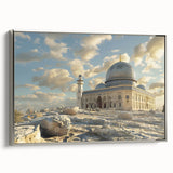 Framed canvas of vintage landscape art painting featuring colorful domes and structures.