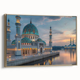 Framed canvas showing a vintage poster of architectural domes in black and gold, ideal for bedroom wall art.