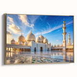 Framed canvas featuring black vintage poster art of architectural domes in muted gold and gray tones.