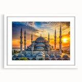 Abstract art print of architectural domes in muted gray and blue, framed with a white mat.