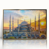 Mid-century modernist acrylic print of architectural domes in muted gold tones, ideal for modern art wall decor.