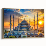 Framed canvas featuring vintage poster art of black architectural domes set against a muted gold background.