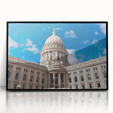 Large abstract wall art featuring mid-century modernist domes in muted gray tones on a framed acrylic print.