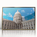 Mid-century modernist acrylic print featuring gold-domed architectural design, ideal for modern art wall decor.