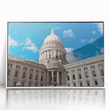 Art deco poster featuring architectural domes in muted gray and white tones, acrylic framed.