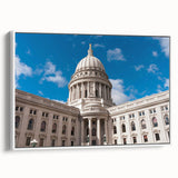 Vintage poster art of colorful architectural domes on a large framed canvas, ideal for living room decor.