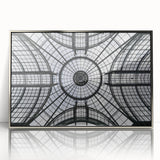 Mid-century modernist art depicting silver-domed architecture in acrylic, ideal for nursery wall decor.