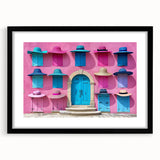 Extra large abstract art print featuring a vibrant, textured door design on a black framed canvas.